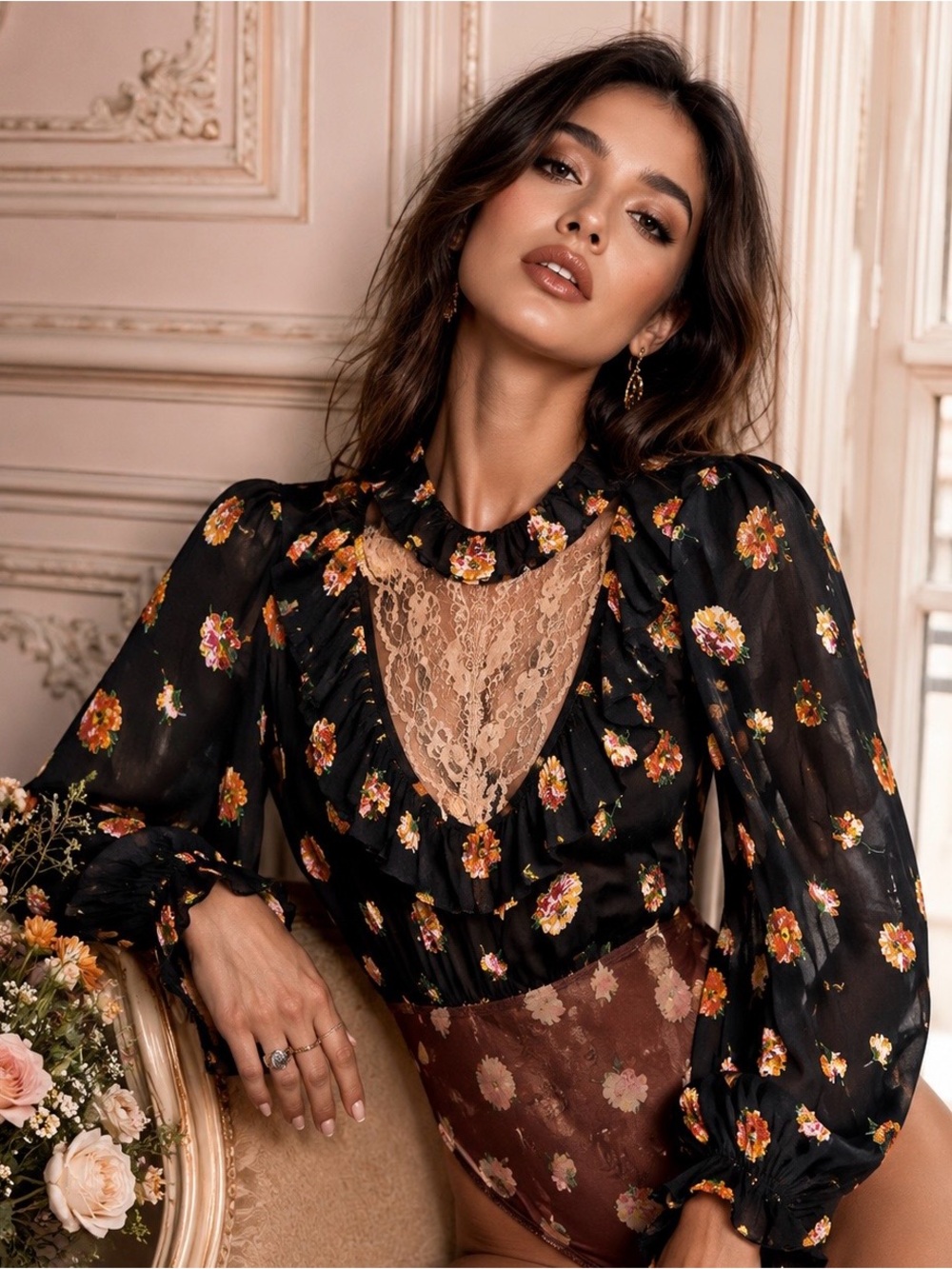 Free People Black Floral Lace-Trim Long-Sleeve Bodysuit